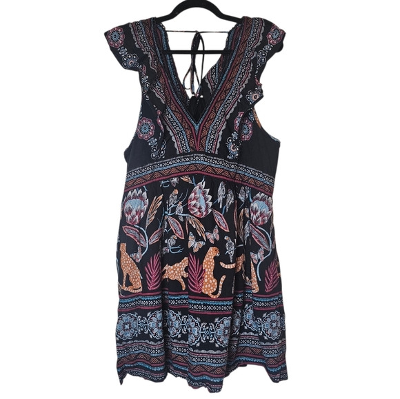 Anthropologie V-Neck Plunge Tunic Mini Dress - Women's Size XL Boho Jungle Black - Picture 9 of 13